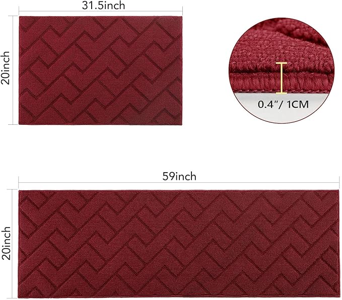 hicorfe Kitchen Rugs and Mats Sets,2 Pieces Super Absorbent Polypropylene Non-Slip Rug,Soft Comfort Floor Mat,Machine Wash for Kitchen,Hallway,Office,Sink,Laundry(20" x 32"+20" x 48",Red