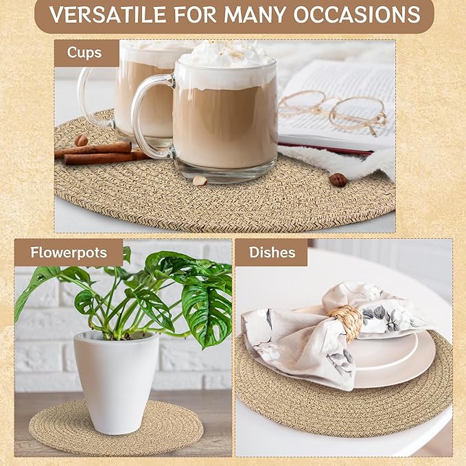 Kochorie Set of 8 Woven Cotton Round Placemats, 13 Inch Boho Table Place Mats for Kitchen and Dining Table, Farmhouse Heat Resistant Washable Trivets, Fall Thanksgiving Christmas Décor (Brown)