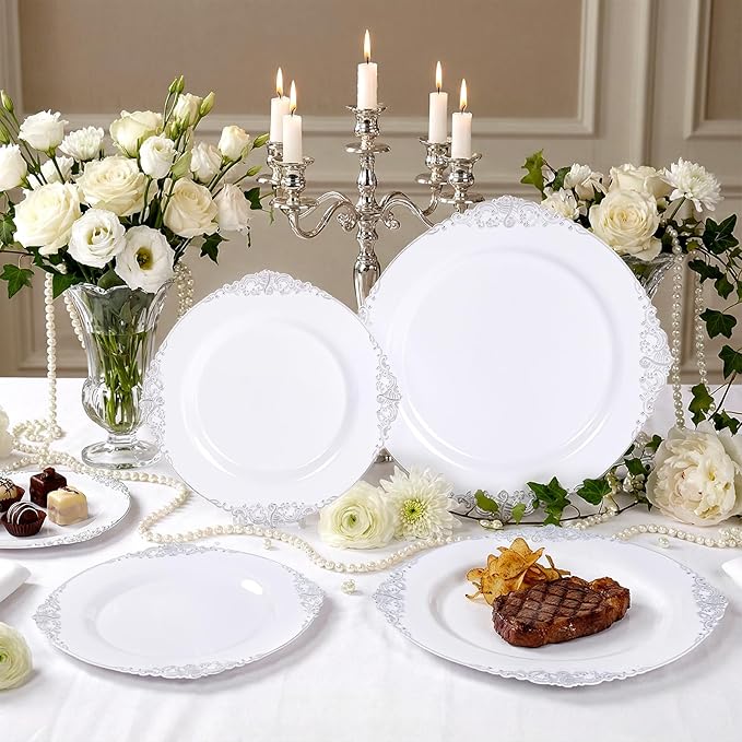 102PCS White and Silver Plastic Plates - Heavyweight Silver Plate - Wedding Plate with Silver Rim - Fancy Dinner & Dessert Plates for 51 Guests Weddings & Parties