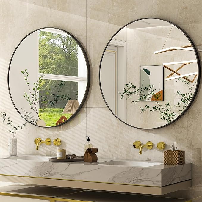 36 Inch Round Bathroom Mirror - Black Wall Mounted Circle Mirror with Metal Frame, Modern Round Hanging Mirror Suitable for Bathroom, Vanity, Entryway, Living Room