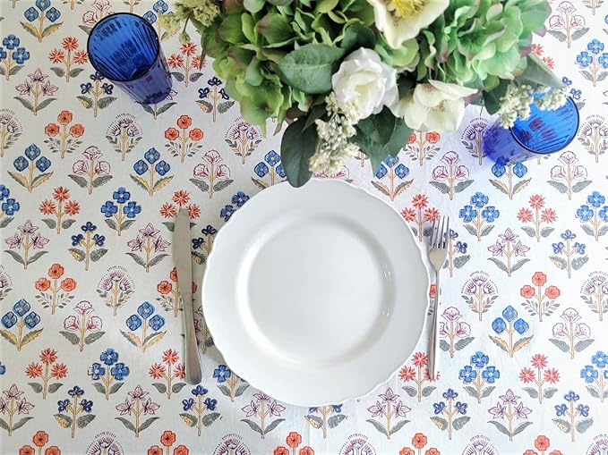 ATOSII Flora Bloom 100% Cotton Rectangle Summer Tablecloth, Block Print Floral Table Cloth Linen for Kitchen Dining I Parties Wedding Outdoors I Home Decor 60 X 108 Inches I 8 Seater I Memorial Day