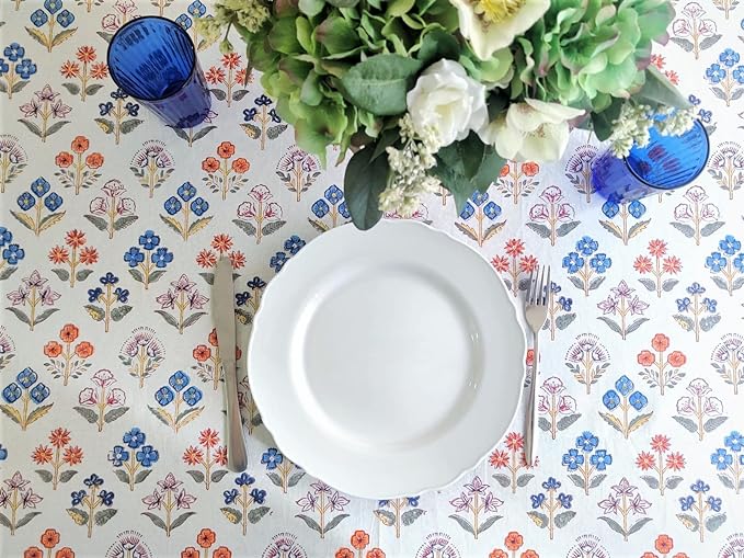 ATOSII Flora Bloom 100% Cotton Rectangle Summer Tablecloth, Block Print Floral Table Cloth for Dining Parties Wedding Outdoors I Grand Millennial Home Decor 60 X 90 Inches I 6 Seater I Memorial Day