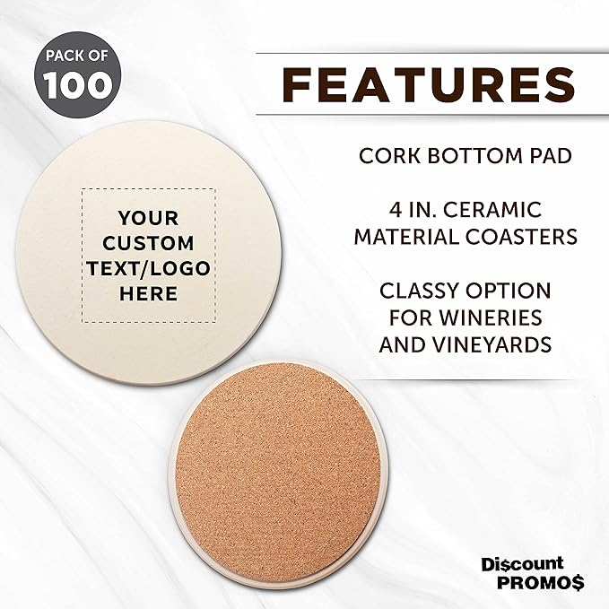 DISCOUNT PROMOS Custom Ceramic Coasters Set of 100, Personalized Bulk Pack - 4 Inches with Cork Bottom Pad, Perfect for Hotel, Bar, Restaurant - Natural