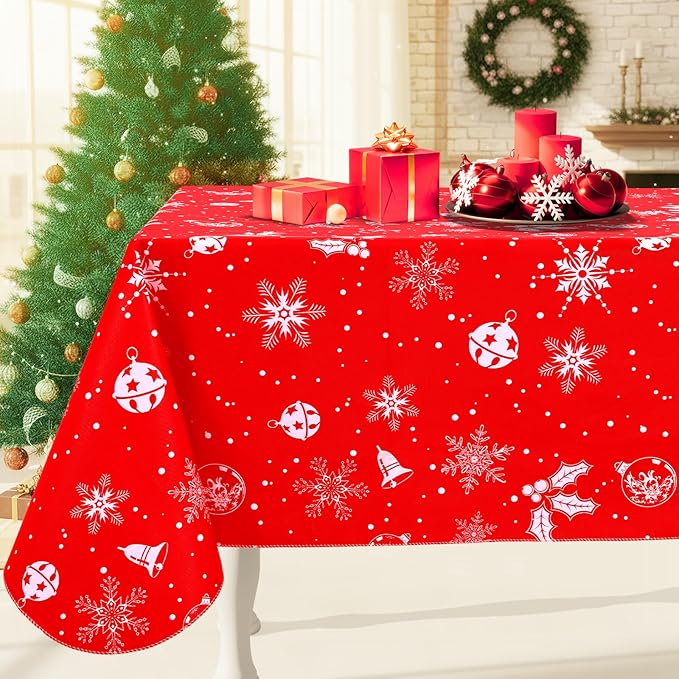Smiry Christmas Rectangle Table Cloth, Waterproof Vinyl Tablecloth with Flannel Backing, Wipeable Bell & Snowflake Plastic Tablecloths for Christmas Table Decorations, (60"x120", White & Red)