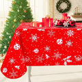 Smiry Christmas Rectangle Table Cloth, Waterproof Vinyl Tablecloth with Flannel Backing, Wipeable Bell & Snowflake Plastic Tablecloths for Christmas Table Decorations, (60"x102", White & Red)