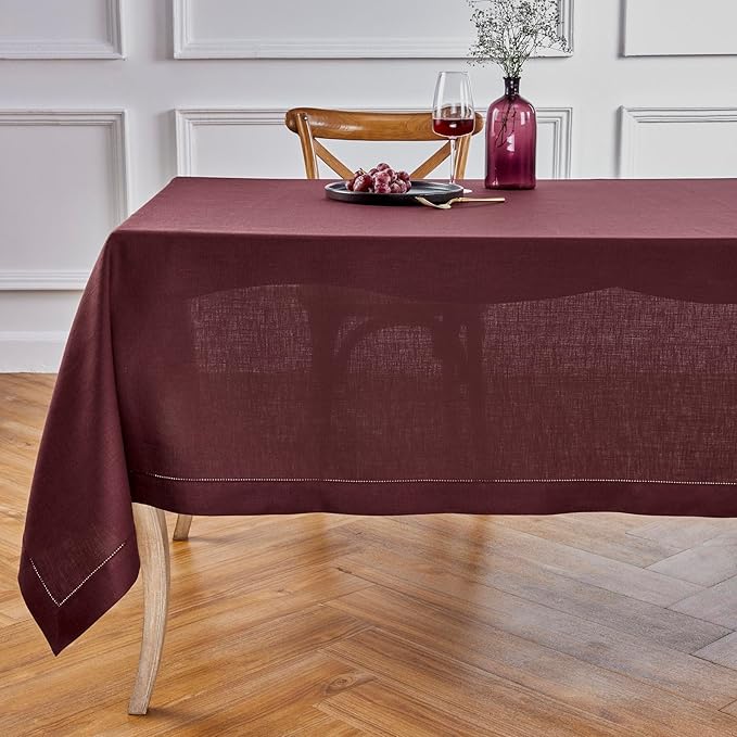 Solino Home Linen Burgundy Tablecloth 60 x 120 Inch - Classic Hemstitch, 100% Pure Linen Rectangular Tablecloth - Machine Washable Table Cloth for Winter, Valentines