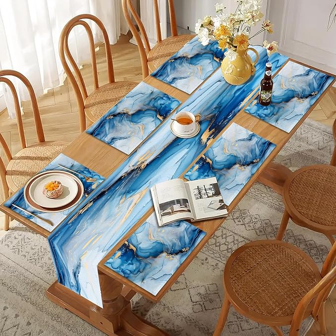 Mcalk Blue Marble Table Runner and Placemats Set of 6, Marble Print Placemats, Modern Cloth Place Mats Indoor for Kitchen,Washable Linen Material for Dining Table