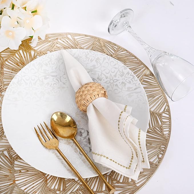 ALPHA Living HOME Farmhouse Napkin Rings - Rustic Natural Cane & Jute Serviette Holders for Elegant Table Decor, Weddings, Thanksgiving, and Everyday Dining- Set of 12 (Natural)