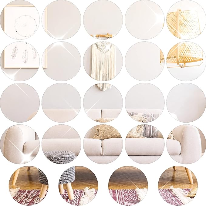 Cindeer Set of 24 Acrylic Round Mirror Plate Circle Mirror Trays Wedding Baby Shower Party Centerpieces for Tables Self Adhesive Non Glass Stickers for Home or Wall Candle Crafts Decor(8 Inch)