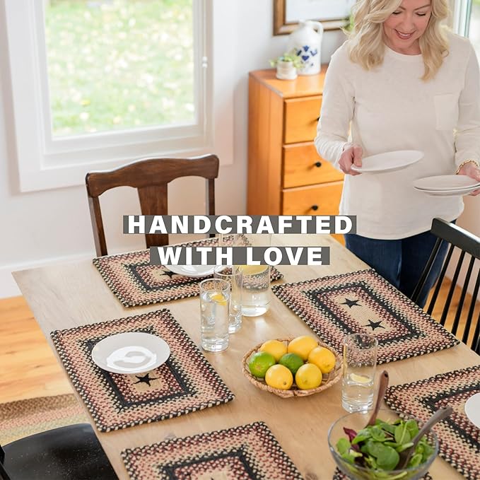 Homespice Primitive Star Gloucester Jute Braided Placemats, Warm Primitive Decor, Set of 4, Black and Red 13x19 Oval Table Mats - Vibrant Colors, Durable, Easy to Clean and Protects Furniture