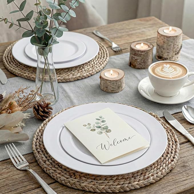 KIRE 120PCS White Plastic Plates - Heavy Duty White Disposable Plates for Party/Wedding - Include 60Pieces 10.25inch Dinner Plates - 60Pieces 7.5inch Dessert/Salad Plates