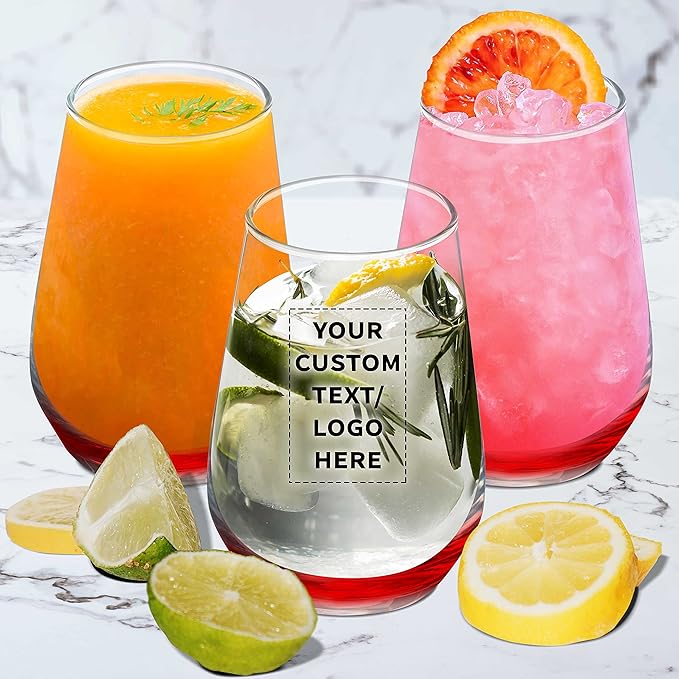 DISCOUNT PROMOS 10 Vaso Silicia Stemless Wine Glasses Set, 16 oz. - Personalized Text, Logo - Clear, Orb-Like, Thick base - Red