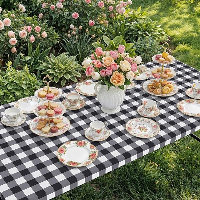 Smiry Rectangle Picnic Table Cloth, Elastic Waterproof Fitted Vinyl Tablecloths, Flannel Backed Buffalo Plaid Table Covers for Dining, Camping, Outdoor (Black and White, 36" x 96")