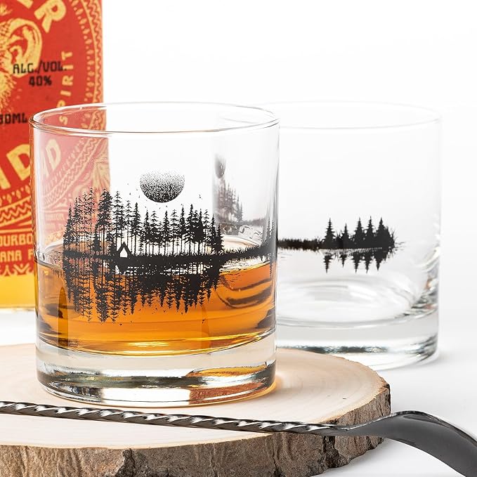Black Lantern Nature Guitar Whiskey Glasses – Set of 2 Premium 11oz Rocks Tumblers with Hand-Printed Forest Guitar Artwork – Heavy-Base Old Fashioned Glasses for Bourbon, Scotch & Cocktails