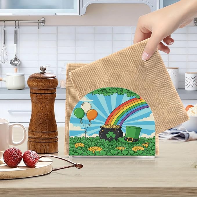 St Patrick's Day Shamrock Field Leprechaun Hat Coins Napkin Holder for Table Kitchen Decor Acrylic Paper Napkin Holders for Tissue Dining Room Indoor Outdoor Party Holiday Accessories
