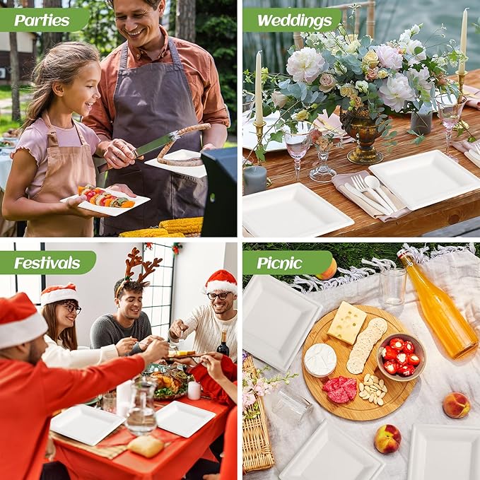 Compostable Disposable Paper Plates Set -[300 Pcs]10 inch 8 inch Heavy Duty Biodegradable Square Plates and Spoons,Forks,Knives,Napkins-Eco-Friendly Party Bulk