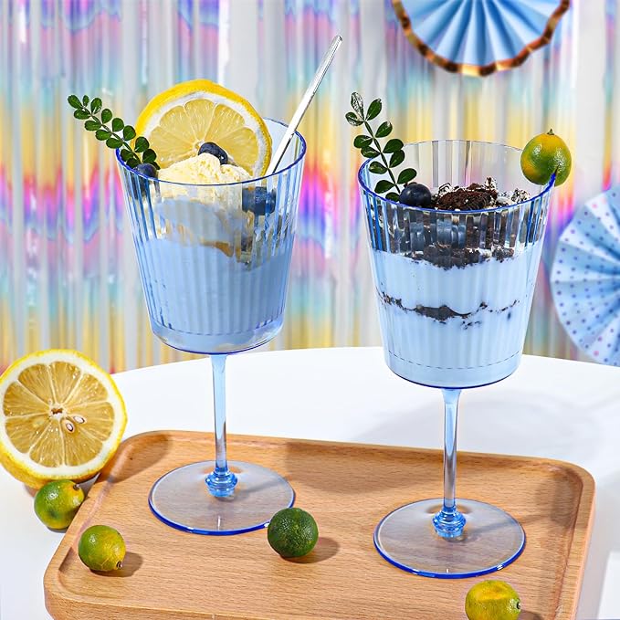 48 PCS Blue Ribbed Plastic Wine Glasses 13.5 OZ Ribbed Wine Glasses Detachable Wine Glass Elegant Fluted Glassware Vintage Style for Wedding Anniversary Birthday Dinner Parties(Blue, 48 Pack)