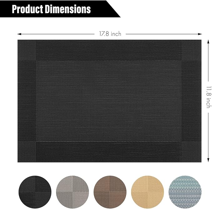 Winknowl Placemats Set of 4, Washable Vinyl Woven Placemats, Heat Resistant & Wipeable Table Mats for Kitchen Dining Table (Black)