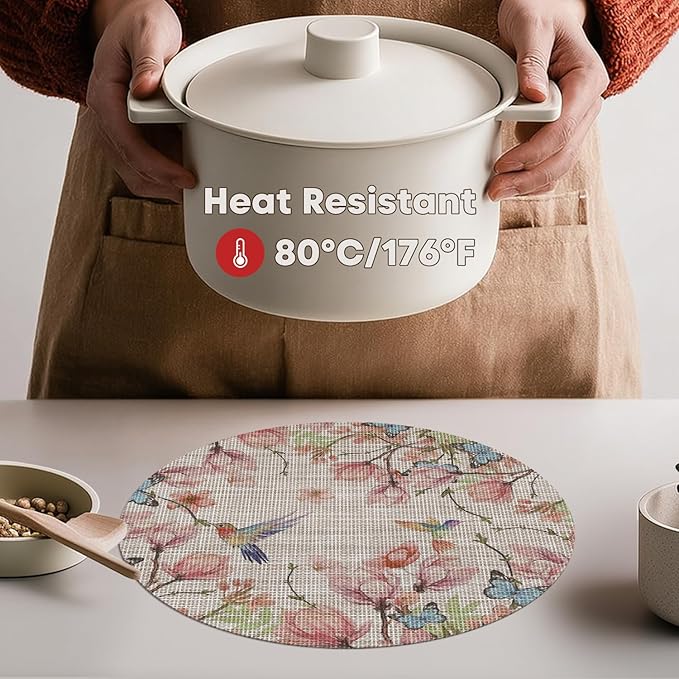 Artoid Mode Birds Flower Butterfly Round Placemats Set of 4, 15 Inch Plastic Woven Wipeable Non-Slip PVC Table Mats for Party Kitchen Dining Decor