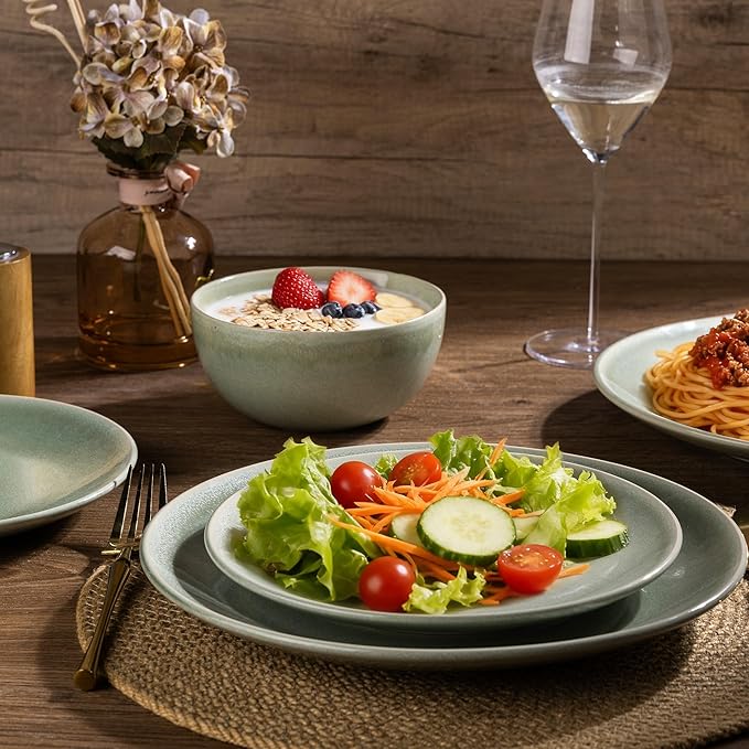 AmorArc Ceramic Dinnerware Sets for 8, 24 Pieces Handpainted Plates and Bowls Set, Scratch Resistant Stoneware Dishes Set, Dishwasher & Microwave Safe, Olive Green