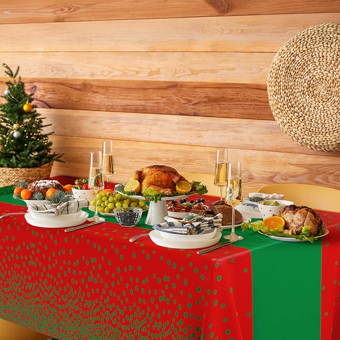 Oudain 6 Pcs Red and Green Tablecloth for Parties Plastic Dot Tablecloths Printed Table Runner Waterproof Disposable Rectangle Table Cover for Christmas Birthday Wedding Party, 54" x 108"