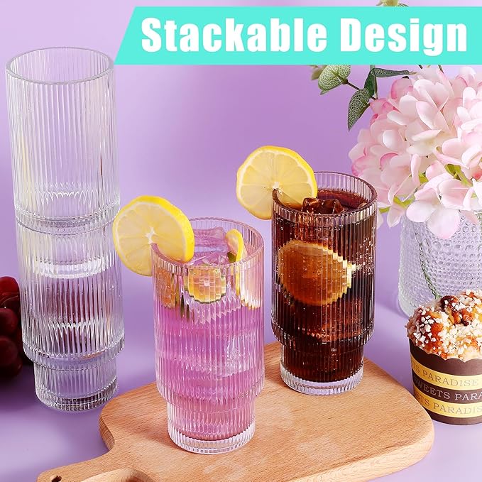 4 Pack Ribbed Drinking Glasses,Ribbed Glassware,11oz Ribbed Glass Cups,Clear Cocktail Drinking Glasses Vintage Fluted Glassware for Whiskey Beer Juice Cocktail Water