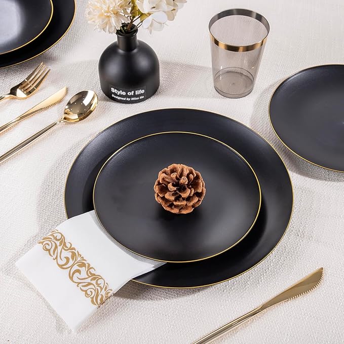 EI 350Pcs Black and Gold Matte Frosted Plastic Plates Disposable Heavy Duty,Dinnerware Set for Party Include 100 Disposable Plates,150 Silverware,50 Napkins,50 Cups for Party/Wedding/Events,Hotel