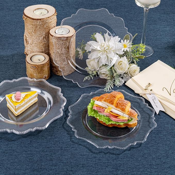 COLOSUS 100pcs 7.5 Inch Clear Plastic Dessert Plates-Heavy Duty Disposable Plastic Cake Plates,Premium Salad Plate,Fancy Disposable Cake Plate for Party for Party Thanksgiving and Everyday Use