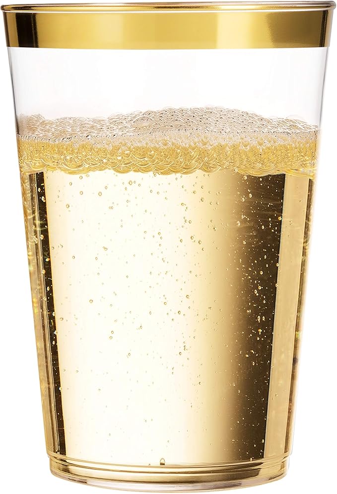 Munfix Gold Plastic Cups - 16 Oz Clear Tumblers with Gold Rim - Elegant Disposable Wedding & Party Cups