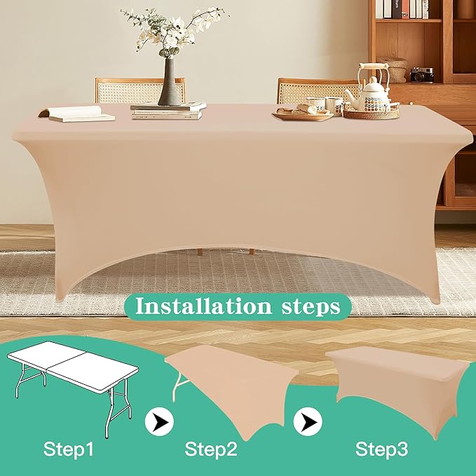 8FT Table Cloth for Rectangular Fitted Events Stretch Champagne Table Covers Washable Spandex Tablecloth Protector for Party, Wedding, Cocktail, Banquet, Festival