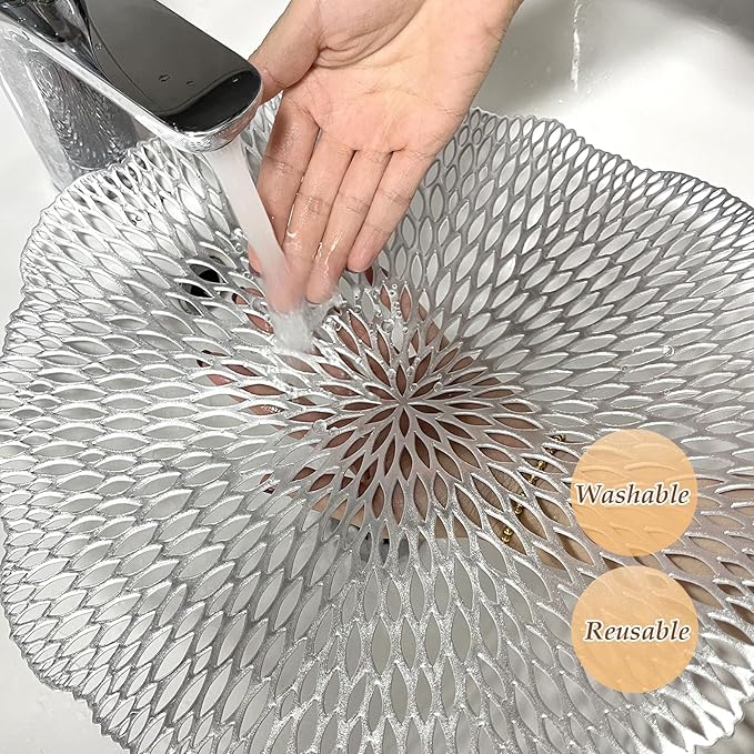 Round Placemats Set of 6, Hollow Out Table Mats Washable Wipeable Vinyl Place Mats for Wedding Party Kitchen Decorations