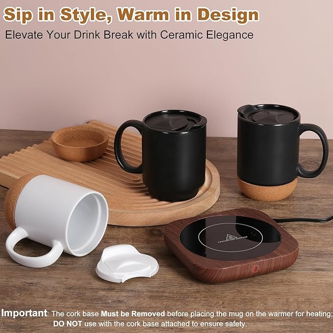 Coffee Mug Warmer & Mug Set for Desk, Electric Coffee Cup Warmer with Ceramic Mug, Smart Heated Coffee Mug with Auto Shut Off for Office/Home, Christmas/Birthday/Coffee Gifts for Men & Women, Wood
