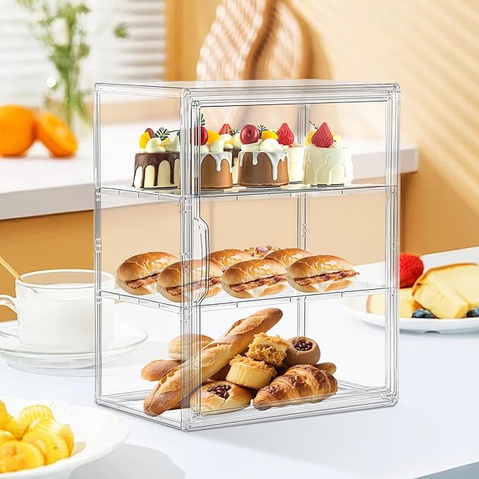 Attelite Pastry Display Case, Large Bread Box for Kitchen Countertop, 2 Pack 3 Layers Adjustable Clear Bread Storage with Magnetic Door, Bread Container for Bread, Bagel, Donut