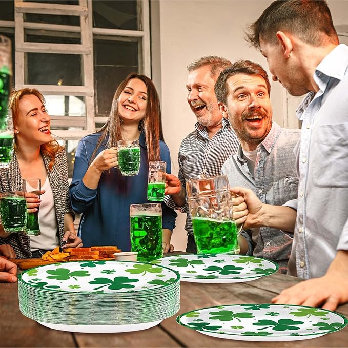 50Pcs St. Patrick’s Day Oval Paper Plates 10" x 12" Large Heavy Duty Disposable Spring Green Irish Shamrock Dessert Platters Lucky Clover Plates for Summer Holiday Festival Party Supplies Decoration