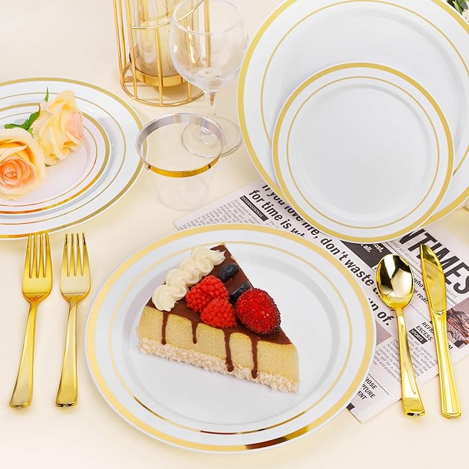 BESTSTAR 7 Inch White with Gold Rim Plastic Plates,100PCS Disposable Dessert/Appetizer/Small Cake Plates,Heavy Duty Plate Ideal for Christmas, Wedding and Birthday