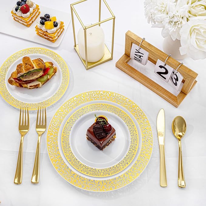 I00000 200 Pieces White and Gold Plastic Plates, Disposable Plastic Plates for 100 Guests Include: 100 Pcs Dinner Plate 10.25” and 100 Pcs Dessert Plate 7.5” with Gold Lace Rim Perfect for Party