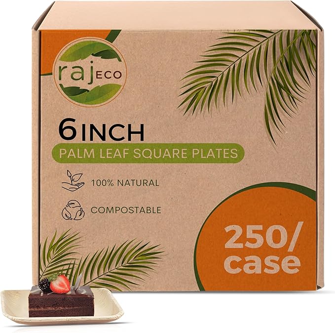 Raj Palm Leaf Plates Bulk [50-Pack] 6" Square Plates(5 CASES - 250 PACK) like Bamboo plates Disposable, Strong, Decorative Compostable Tableware for weddings, Lunch, Dinner, Birthday,Outdoor