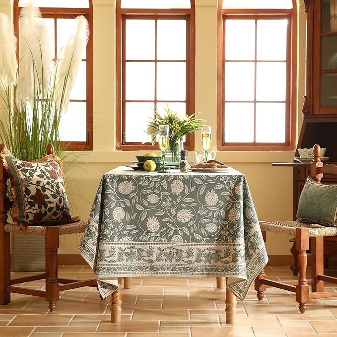 ISAENNE Designer Grayish Green Linen Small Round Tablecloth,Floral Stain Resistant Table Cloth,Fall Vintage Decor Tablecloths for Dining Thanksgiving Kitchen Party,Diameter 55"-Andrew A