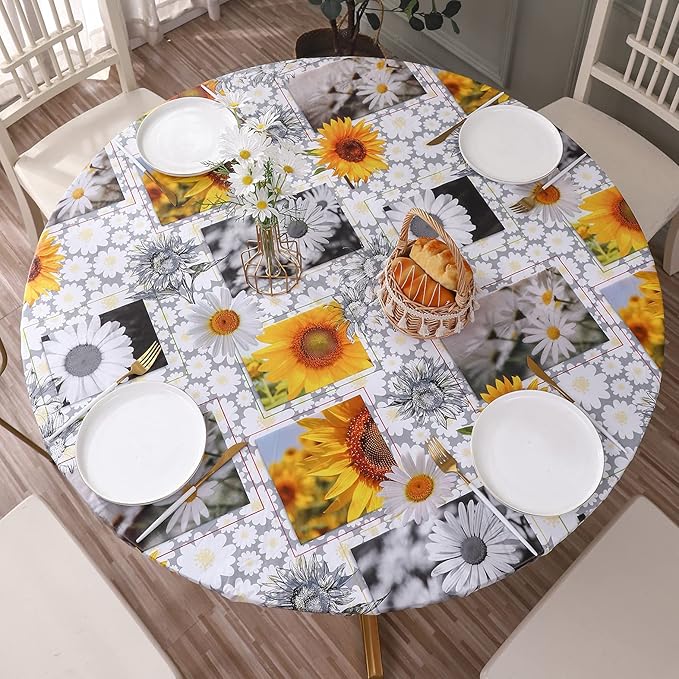 Walrus Round Vinyl Fitted Tablecloth with Flannel Backing Elastic Edge Design Table Cover Waterproof Oil-Proof PVC Table Cloth Stain-Resistant Best for 45"-56" Round