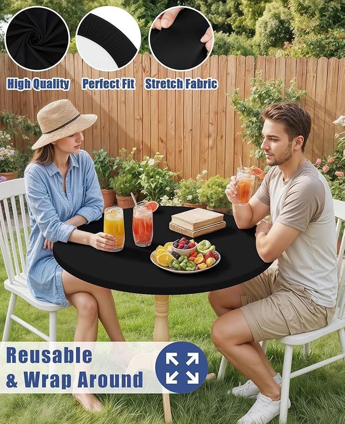 Round Spandex Tablecloth 2 Pack, Elastic Fitted Waterproof Tablecloths for 31"-35" Tables, Stretch Washable Picnic Table Cover for Camping, Dining, Indoor and Outdoor, Black