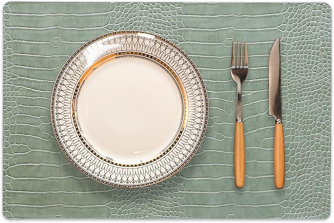 Jovono Faux Leather Placemats Set of 6, Waterproof Heat Resistant Dinner Place Mats for Dining Table, Non-Slip Crocodile Embossed, Green (17.8x11.8 Inch)