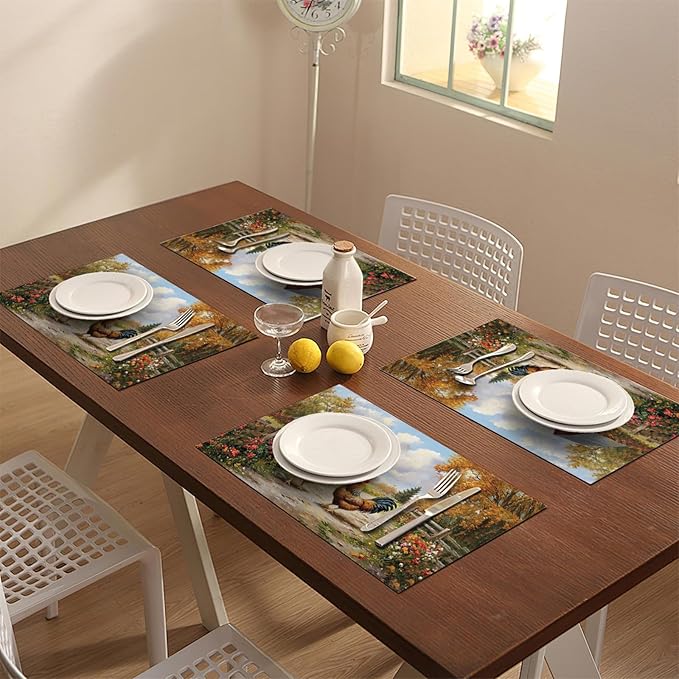 Farmhouse Rooster Placemats Set of 4, Farm Chicken Place Mats, Rustic Farm Coop Waterproof Washable Table Mats for Home Party Indoor Kitchen Dining Table Decoration 12x18 Inch