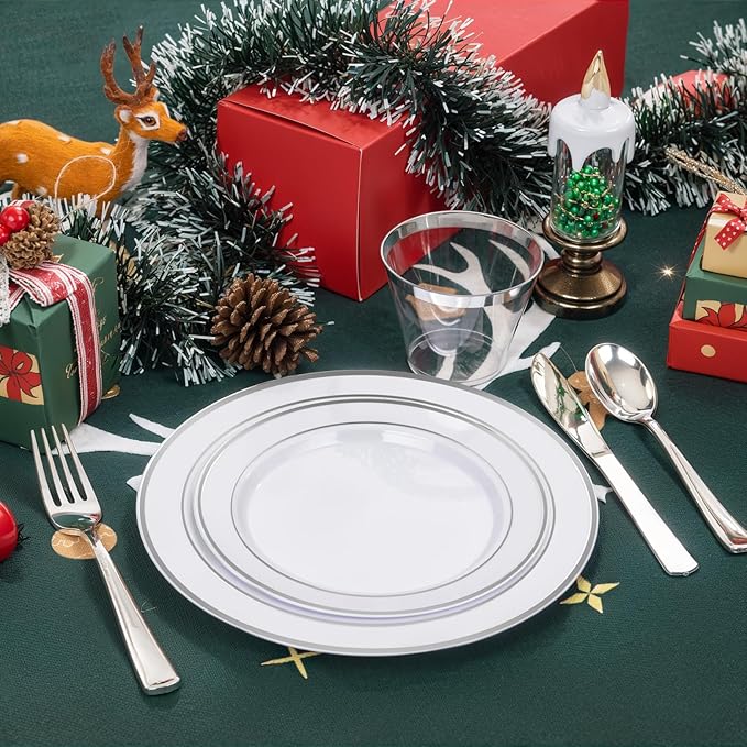 bUCLA 350PCS Silver Plastic Dinnerware Set for 50 Guests - Silver Plates Disposable Include 50 Dinner & 50 Dessert Plates,50 Forks,50 Knives,50 Spoons,50 Cups,50 Napkins for Party & Christmas