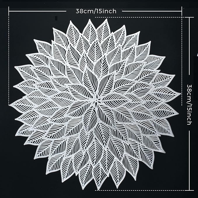 Placemats Set of 6, Round Hollow Out Flowers Place Mats for Dining Table Pressed Vinyl Blooming Leaf Table Mats for Holiday Party Wedding Accent Centerpiece Dinner Table Decoration (Silver)