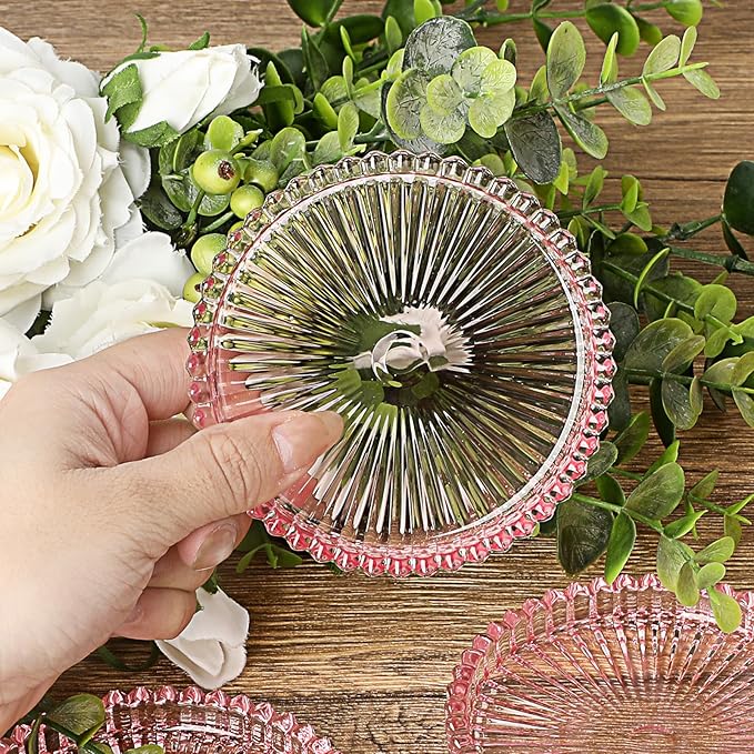JUXYES 8 Pack Clear Pink Crystal Coasters Round Cup Mat, Glass Coasters for Drinks Coffee Tea Wine, Decorative Wine Bottle Coaster, Crystal Drink Coasters for Restaurant bar Kitchen Dining Table