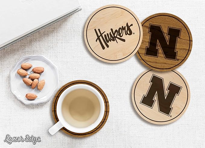 LazerEdge Nebraska Huskers Wooden Coaster Set - Cherry Wood - Officially Licensed Product - 4-Pack