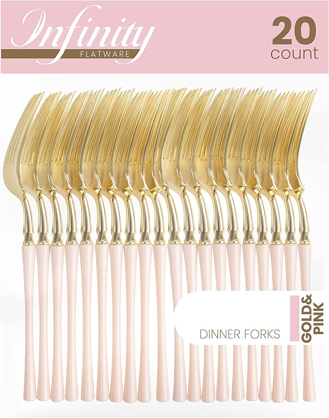 PlasticPro 20 Count Gold and Pink Plastic Dinner Forks Premium Quality Heavy Duty Disposable Elegant Silverware Two Tone Forks for Party