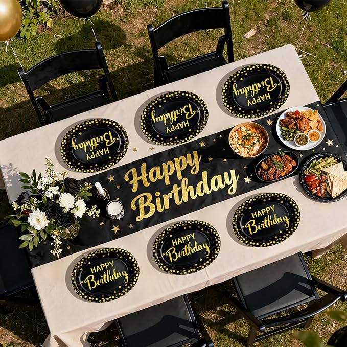 50Pcs Black and Gold Birthday Oval Paper Plates 10" x 12" Large Heavy Duty Disposable Black Gold Happy Birthday Decorations Golden Dessert Party Plate for Women Men Winter Xmas Holiday Party Supplies