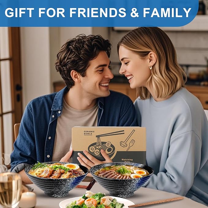 9.4Inch Ceramic Ramen Bowl Set of 2 (9 Piece) - Porcelain Japanese Salad Noodles Cereal Fruit Pasta Soup Large Bowls with Recipes Chopsticks Forks Spoons for Men Women Gift Microwave Dishwasher Safe