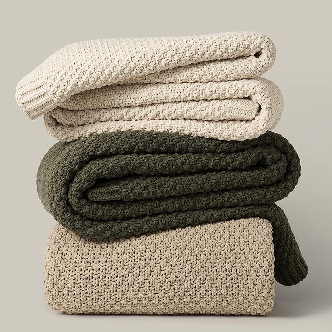 EVERGRACEHOME Chunky Chenille Knit Throw Blanket for Couch, Soft Luxurious Oversized Queen Moss Stitch Blanket for Bed, Large Cozy Farmhouse Knitted Throw for Sofa, Beige, 90" x 90"